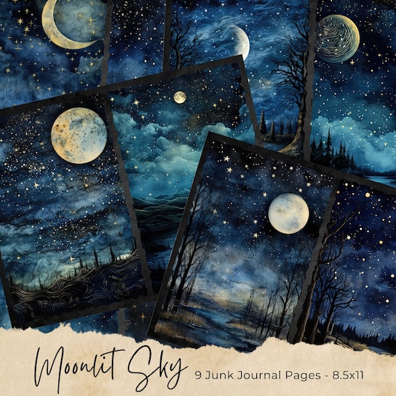 Celestial Moon Junk Journal Pages, Digital Scrapbook Paper Kit, Vintage Night Sky Ephemera, Astronomy Printable, Mystical Star Collage Sheet