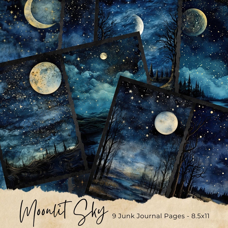 This digital download consists of 9 printable junk journal pages, each page consists of two illustrations. This bundle includes images of dark blue moonlit sky scenes