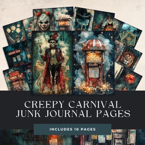 Páginas de diario basura de circo oscuro, paquete de papel digital imprimible con temática de carnaval gótico vintage, imágenes de álbum de recortes de payasos espeluznantes, payaso espeluznante