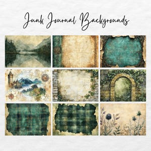 May include: Nine digital scrapbook paper backgrounds in a collage. The backgrounds feature a variety of designs, including a lake scene, a brick wall with ivy, a compass, a castle, a plaid pattern, and a floral design. The backgrounds are all in shades of green, brown, and blue.