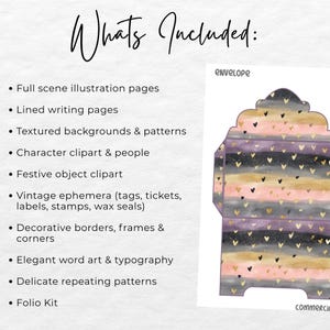 May include: An illustration of an envelope with a decorative design. The envelope has a watercolor effect with horizontal stripes in shades of black, gold, pink, and purple. Small gold hearts are scattered across the design. The text "Whats Included:" is at the top.