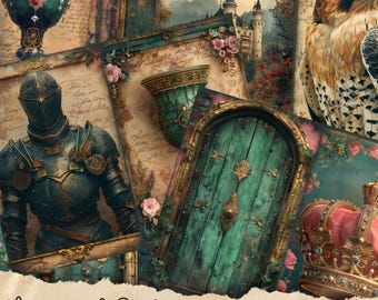 Medieval Junk Journal Pages, digital scrapbook paper kit, castle printable, knight collage sheet, fantasy princess cards, vintage ephemera