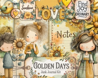 Cute Doll Sunflower Junk Journal Kit: Vintage Daisy Floral Ephemera, Rustic Meadow Printable Pages