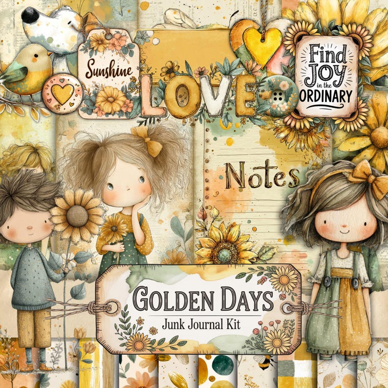 Cute Doll Sunflower Junk Journal Kit: Vintage Daisy Floral Ephemera ...