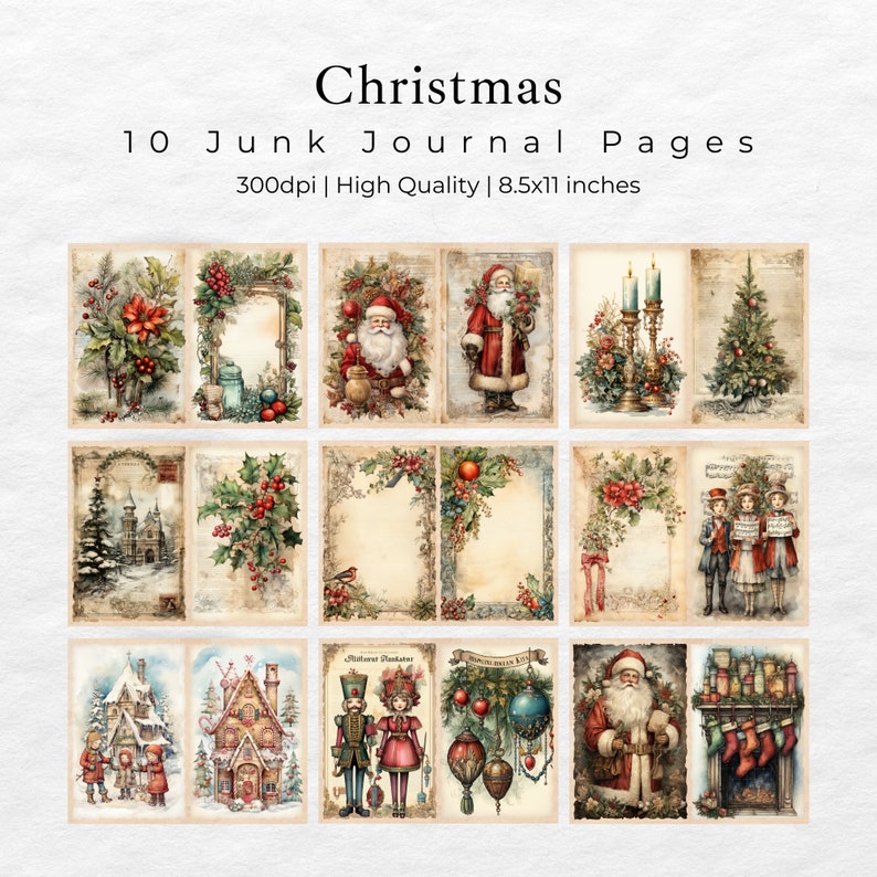 Christmas Junk Journal Kit, Vintage Merry Christmas Junk Journal Pages, Santa Scene Junk Journal Printable Paper, Digital Collage Sheet image 3