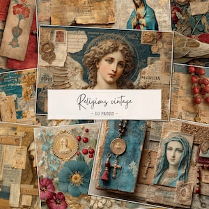 May include: A collage of vintage religious imagery, featuring an angel illustration, portraits of the Virgin Mary, rosaries, and floral elements. The text "Religious vintage - 50 pages" is displayed on a banner across the image.