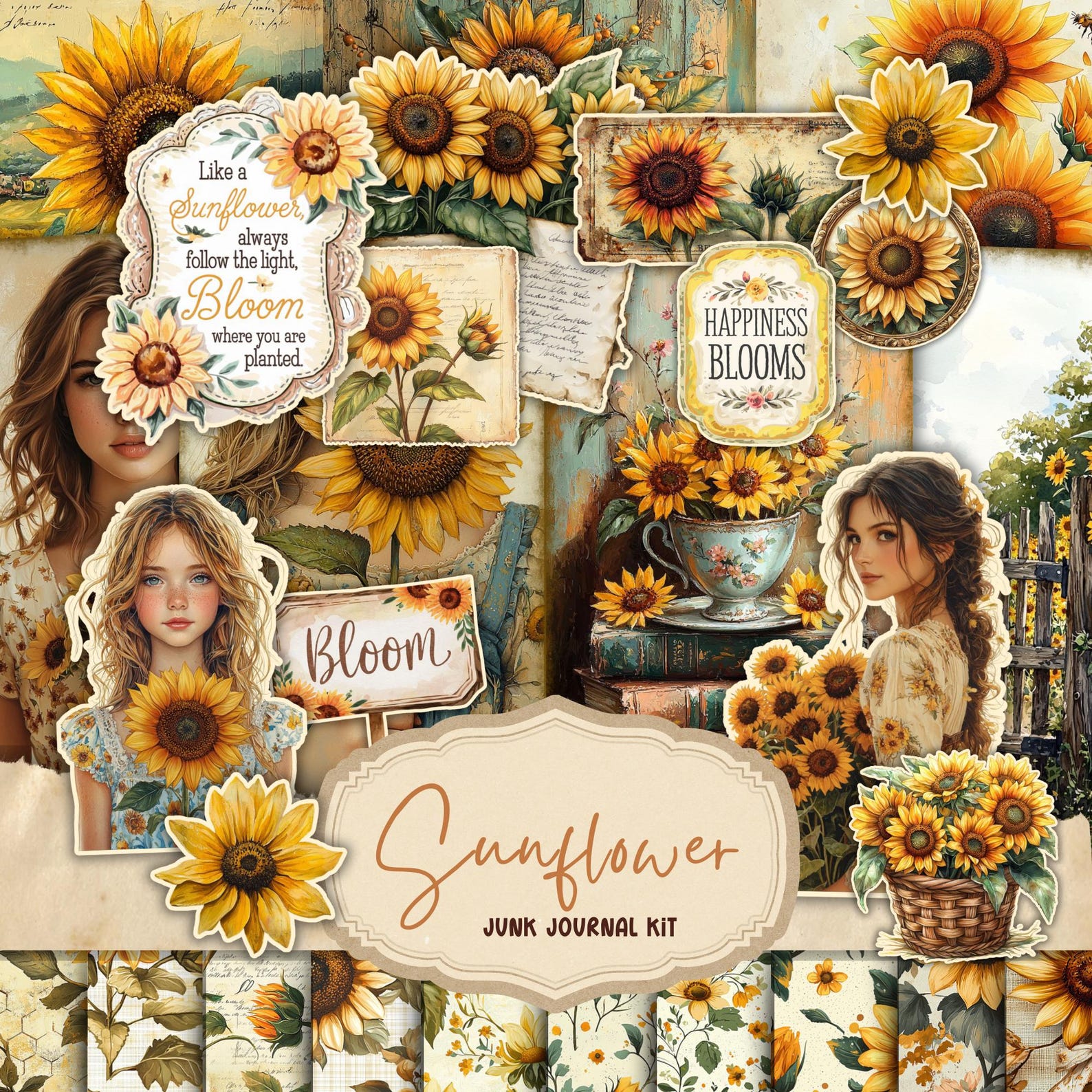Sunflower Junk Journal Pages, Digital Scrapbook Paper Kit, Printable ...