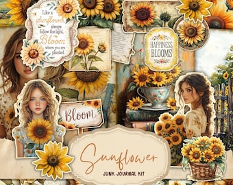 Puede incluir: Un kit de diario de chatarra digital con temática de girasol. El kit incluye imágenes de girasoles, citas sobre girasoles y papel estampado. El texto del kit dice "Like a Sunflower always follow the light, Bloom where you are planted." y "Happiness Blooms".