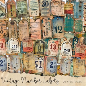 Etichette numeri grunge industriali stampabili steampunk forniture / tag vintage effimeri diario spazzatura / immagini foglio collage digitale