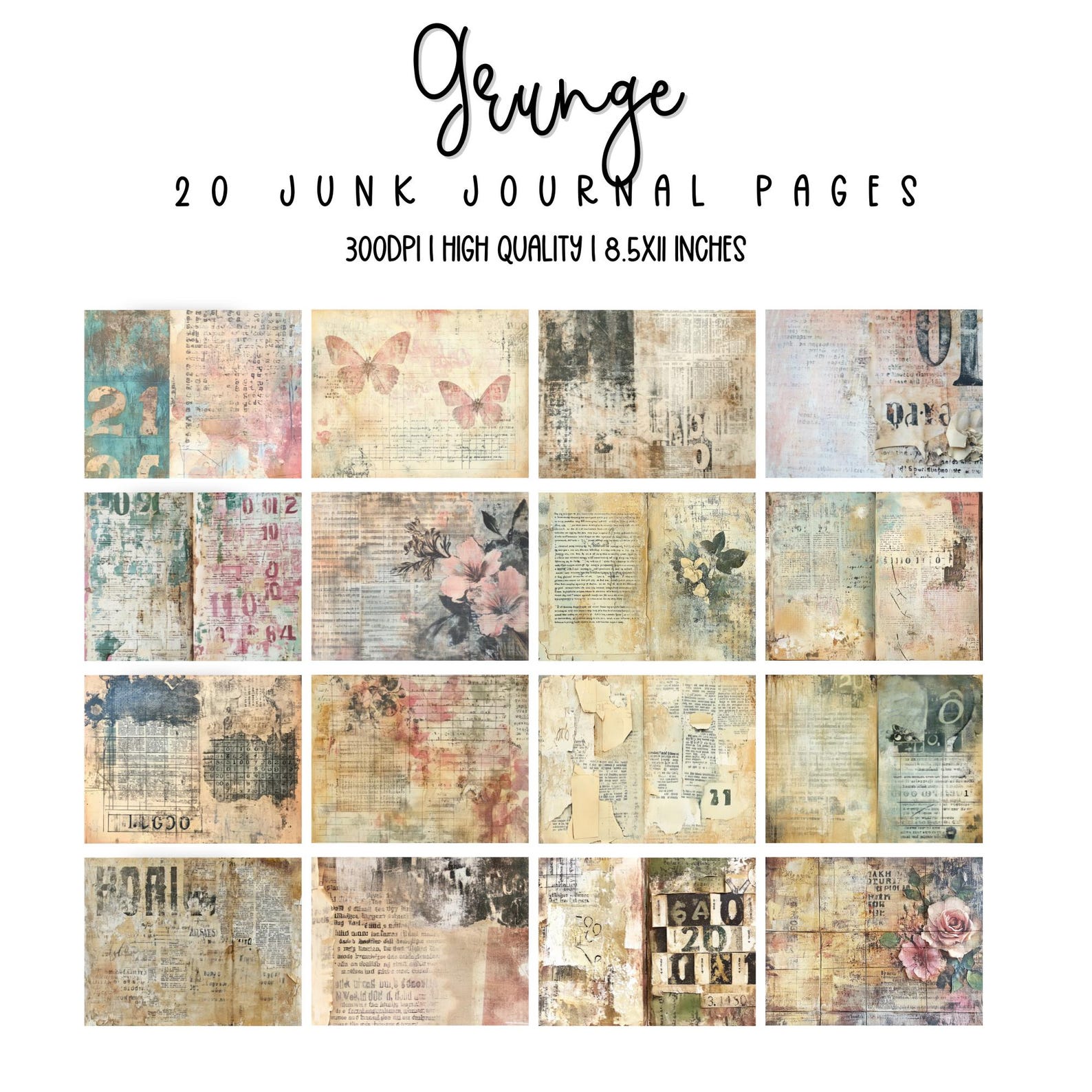 Dark Collage Junk Journal Kit Black Digital Paper Texture Grunge Sheets ...