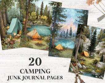 May include: Four illustrated camping-themed junk journal pages. Each page features a different watercolor scene of a campsite with tents, trees, and a lake. The text on the pages reads "20 Camping Junk Journal Pages" and "Instant Download | Mix & Match".