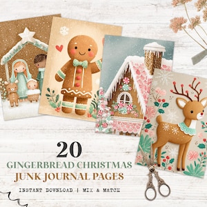 Può includere: Una collezione di 20 pagine di diario di Natale a tema pan di zenzero. Le pagine presentano illustrazioni di un omino di pan di zenzero, una renna, una scena della natività e una casa di pan di zenzero. Download immediato.