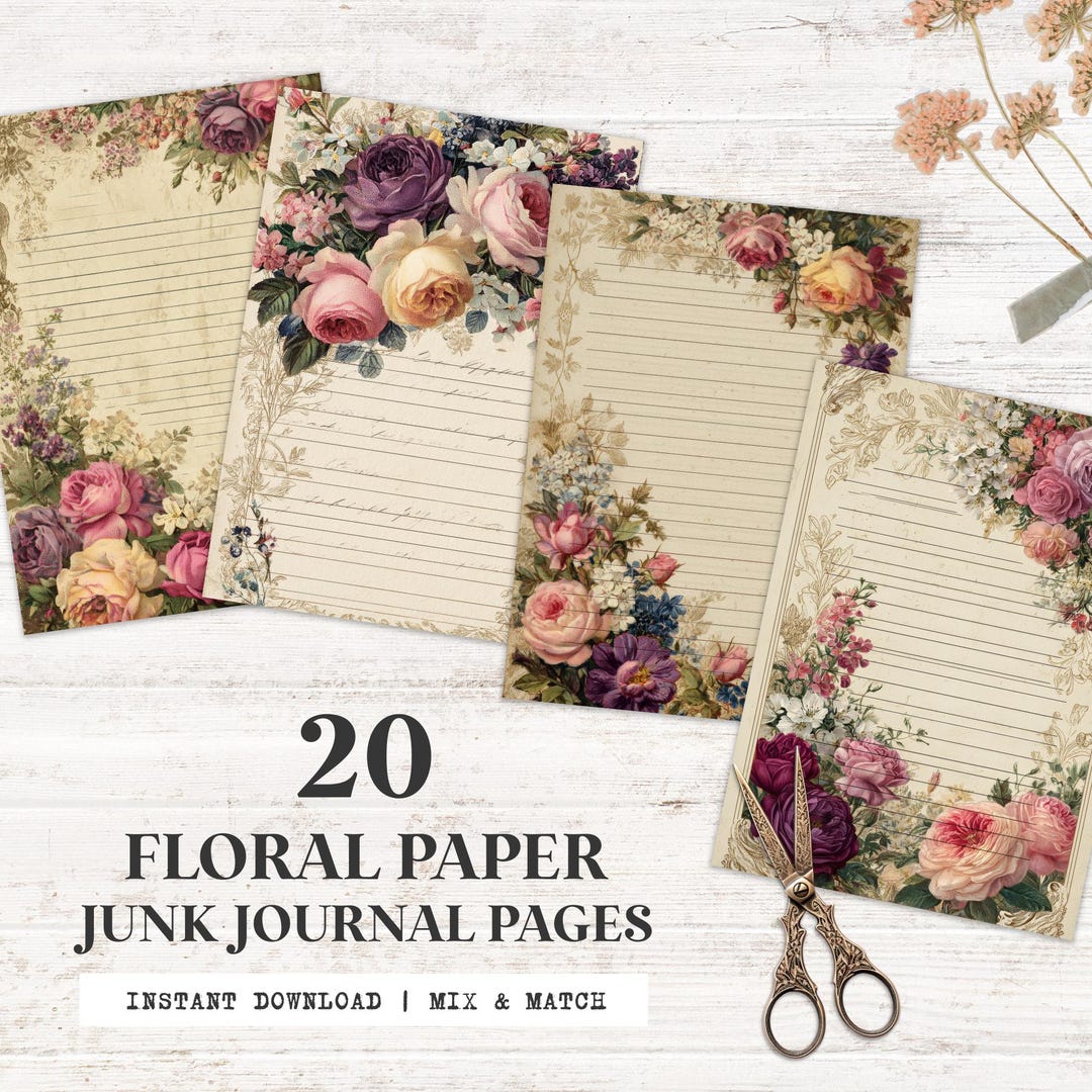 Floral Paper Junk Journal Pages, Printable Rose Vintage Journal, Pink ...