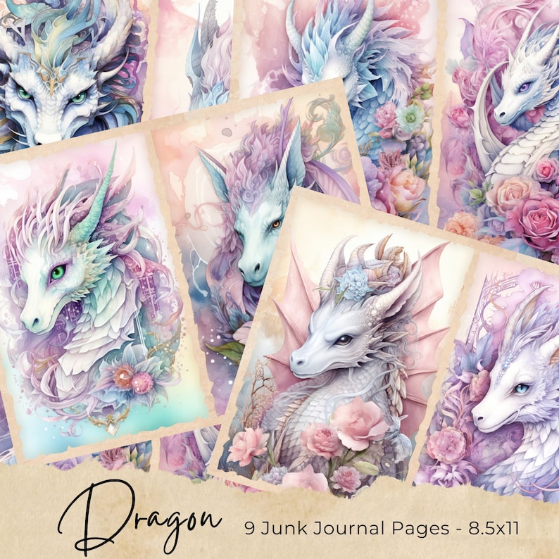 May include: Nine digital printable pages featuring watercolor illustrations of dragons with floral accents. The pages are designed for use in junk journals and measure 8.5 by 11 inches.