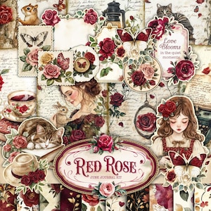 Shabby Chic Rote Rose Junk Journal Kit (druckbare JPG Seiten mit Ephemera, Cover, Tags), Pastell, Vogel, Rose Digital Papier, digitaler Download