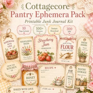 May include: A collection of printable ephemera with a cottagecore theme. The pack includes tags, labels, and recipe cards featuring illustrations of strawberries, honey, flour, and herbs. The text includes "Strawberry Jam", "Honey", and "Fresh Herbs".