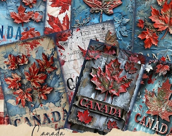 May include: Ten digital junk journal pages featuring a collage of red maple leaves, blue and white paint splatters, and the word "Canada" in red lettering. The pages are 8.5 inches by 11 inches.