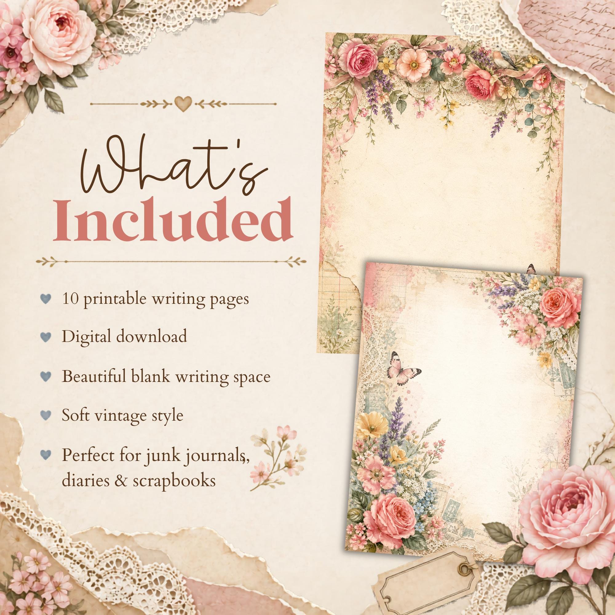 Botanical Writing Pages, Printable Floral Stationery, Romantic Junk ...