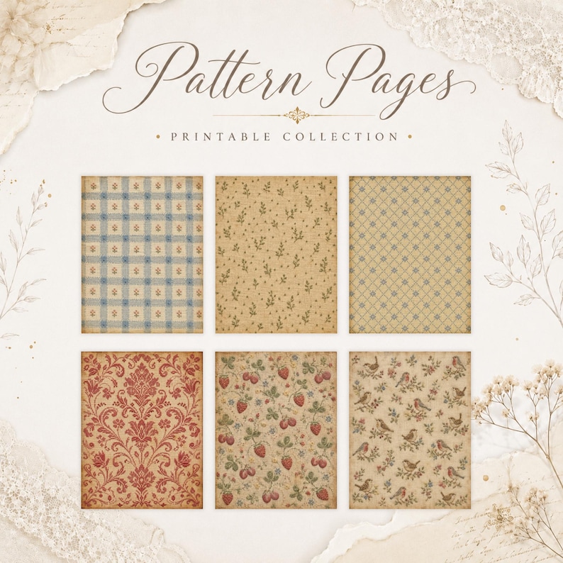 May include: A collection of six rectangular printable pattern pages featuring vintage-style designs including blue plaid, small floral sprigs, a diamond grid, red damask, strawberries, and birds. The text reads Pattern Pages Printable Collection.