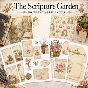 May include: A collection of printable stationery pages titled The Scripture Garden, featuring vintage-style illustrations of roses, watering cans, and garden scenes, alongside lined paper, gift tags, and cards with floral motifs and religious text.