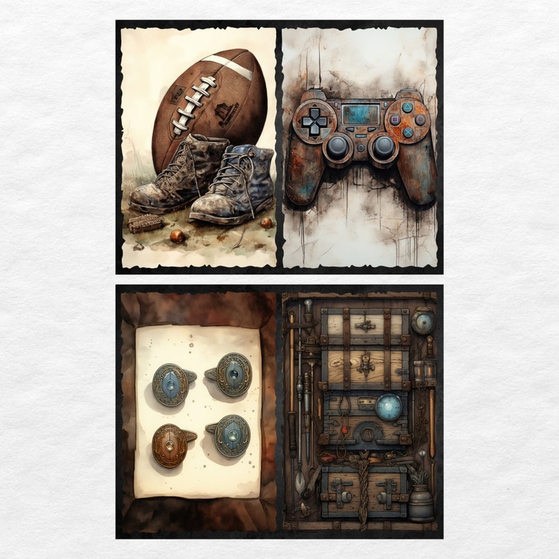 May include: A collage of four images. The top left image shows a football, two brown leather boots, and a pile of acorns. The top right image shows a rusty, worn-out video game controller. The bottom left image shows four round, decorative metal pieces with blue and brown accents. The bottom right image shows a wooden chest with a variety of tools and trinkets inside.
