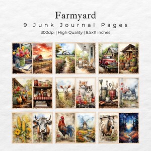 May include: Nine digital printable junk journal pages featuring a farmhouse theme. The pages include images of a red truck, a rooster, a barn, a windmill, a cat, a cow, a farmhouse porch, a jar of flowers, and a field of corn.