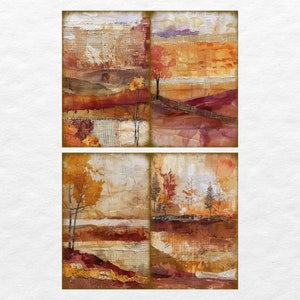 May include: A collage of two abstract paintings with a fall theme. The top painting features a landscape with trees and a river. The bottom painting features a forest scene with trees and a fence.