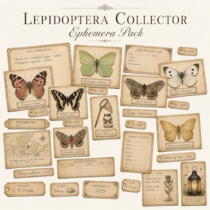 May include: A collection of vintage-style ephemera cards featuring butterfly illustrations and scientific notes. The cards include details like wingspan measurements (approx. 65mm), specimen numbers, and collector information. The overall theme is a lepidoptera collector's pack.