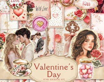 May include: A digital junk journal kit with a Valentine's Day theme. The kit includes images of hearts, flowers, a couple, a key, a jar of hearts, and a teacup. The text "Valentine's Day" and "Junk Journal Kit" are also included.