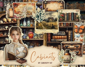 May include: A digital collage featuring a young woman holding a globe and book, surrounded by vintage-style elements. The image includes shelves filled with jars, books, and decorative items, with the text "Cabinets of Curiosity Kit".