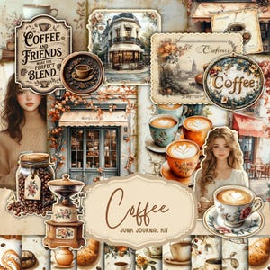Kit stampabile per diario spazzatura Cafe Au Lait Chicchi di caffè Negozio Download digitale Effimere neutre Acquerello vintage Album di ritagli Carta macchiata Torta