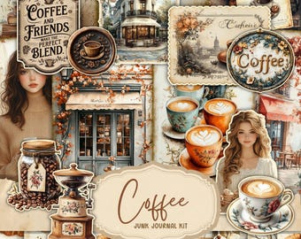 Cafe Au Lait Junk Journal Printable Kit Coffee Beans Shop Digital Download Neutral Ephemera Vintage Watercolor Scrapbook Stained Paper Cake
