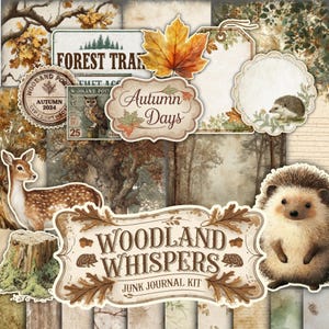 Autumn Woods Digital Junk Journal Kit, herfstcollage afdrukbaar, bosdieren in de herfst, bospapier, herfstjunk Journal Kit