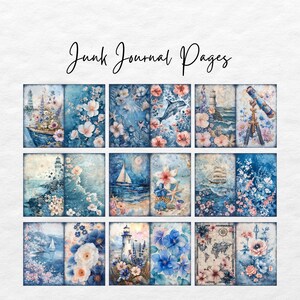 May include: Twelve digital collage sheets featuring a nautical theme with lighthouses, seashells, flowers, boats, and a compass. The background is a watercolor wash of blue and white.