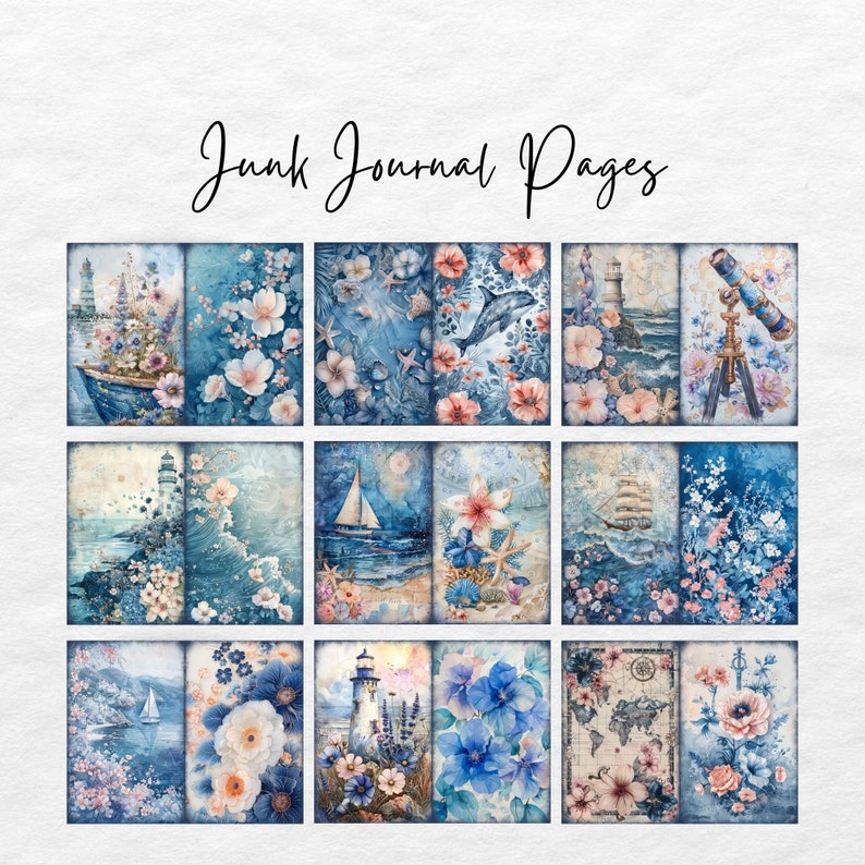 May include: Twelve digital collage sheets featuring a nautical theme with lighthouses, seashells, flowers, boats, and a compass. The background is a watercolor wash of blue and white.