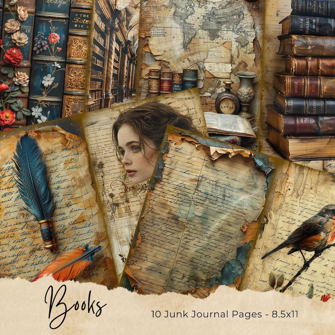 Vintage Books Junk Journal Pages, Digital Scrapbook Paper Kit ...