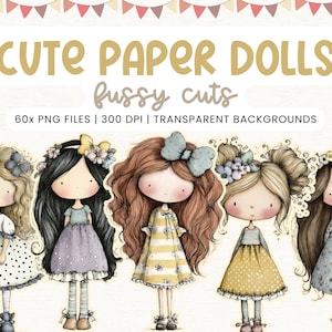 以下が含まれることがあります： かわいい切り絵の紙人形。さまざまな髪型とドレスを着た5体のイラスト人形が特徴です。画像には、60個のPNGファイル、300 DPI、透明な背景を示すテキストが含まれています。人形には花のアクセントとリボンが付いています。