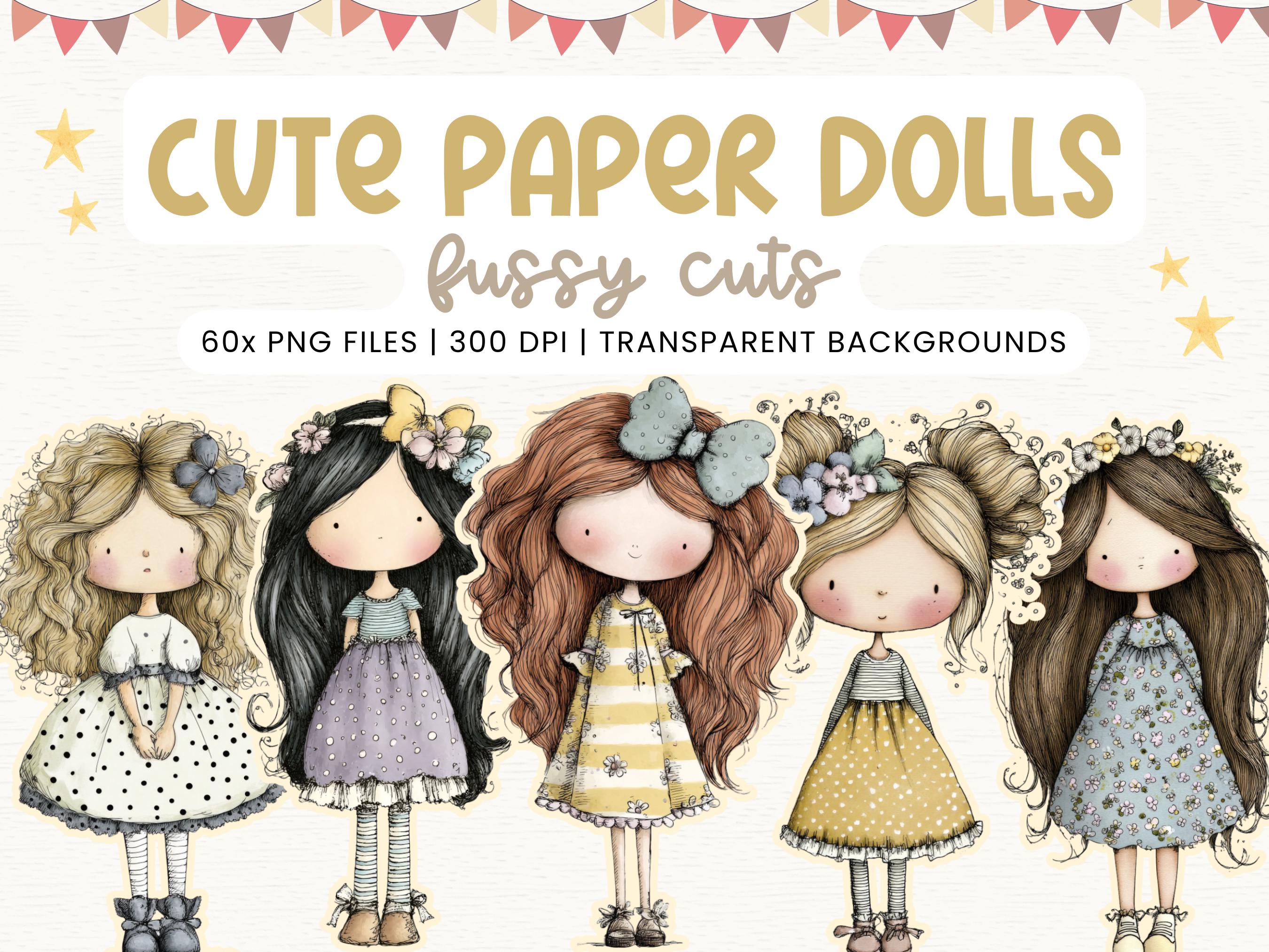 WHIMSICAL PAPER DOLLS and Sceneries printable kit junk journal cut off | Dolls journaling supplies Collage | fussy cut doll digital