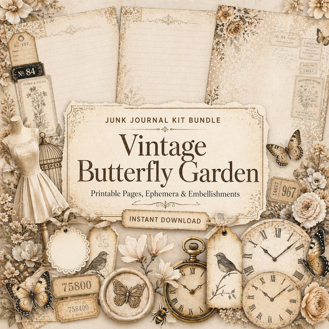 Vintage Butterfly Garden Junk Journal Kit, Printable Journal Pages ...