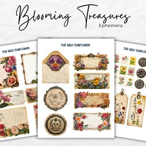 Op de afbeelding: Een set vintage digitale bloemenpapier met verschillende ontwerpen, waaronder enveloppen, labels en tags. Het papier heeft verschillende bloemenpatronen, waaronder rozen, viooltjes en zonnebloemen. Het papier is perfect voor scrapbooking, kaartmaken en andere knutselprojecten.