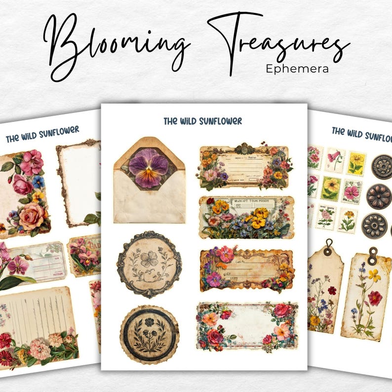 Op de afbeelding: Een set vintage digitale bloemenpapier met verschillende ontwerpen, waaronder enveloppen, labels en tags. Het papier heeft verschillende bloemenpatronen, waaronder rozen, viooltjes en zonnebloemen. Het papier is perfect voor scrapbooking, kaartmaken en andere knutselprojecten.