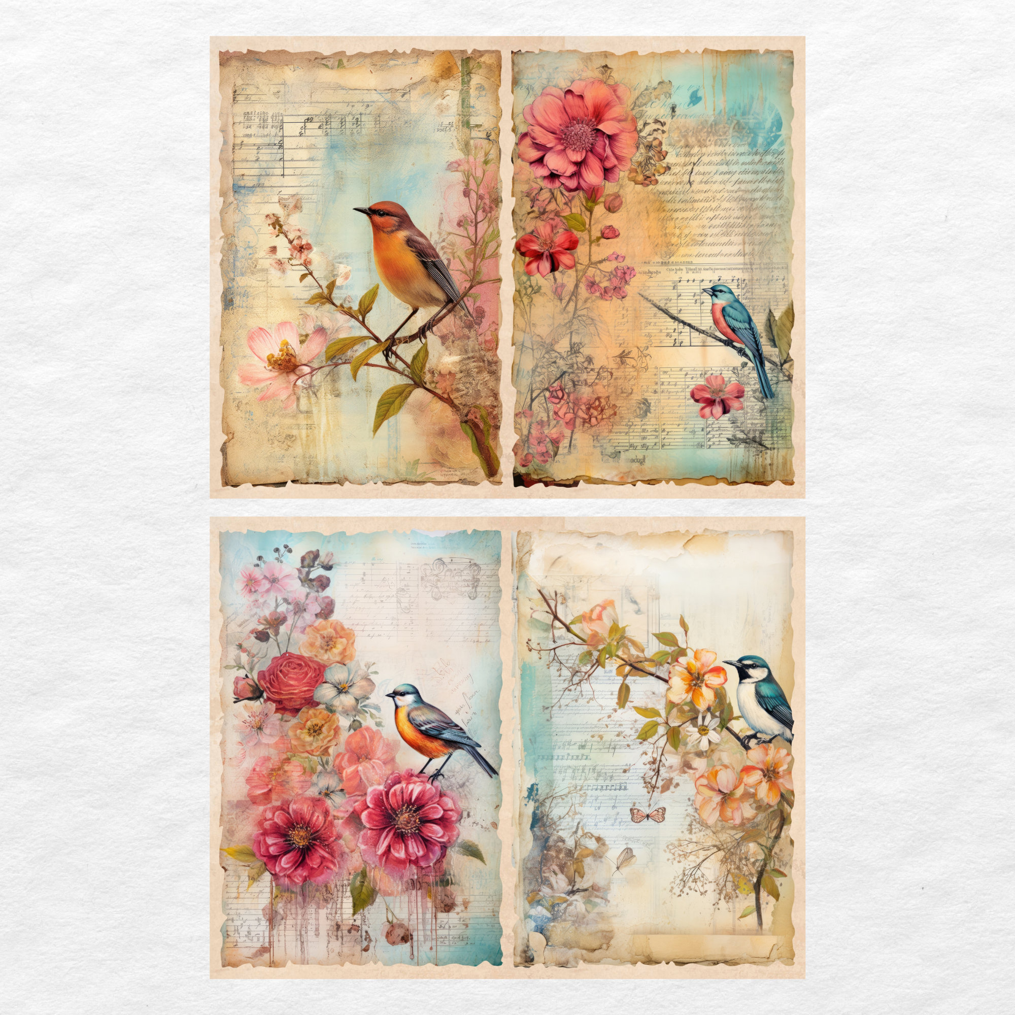 Vintage Bird Junk Journal Pages, Digital Floral Scrapbook Paper Kit ...