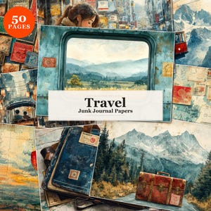 50 sidor med skräpjournal för resor, utskrivbara vintage-resepapper, scrapbook-kit för äventyr, bakgrunder med karta och vykort