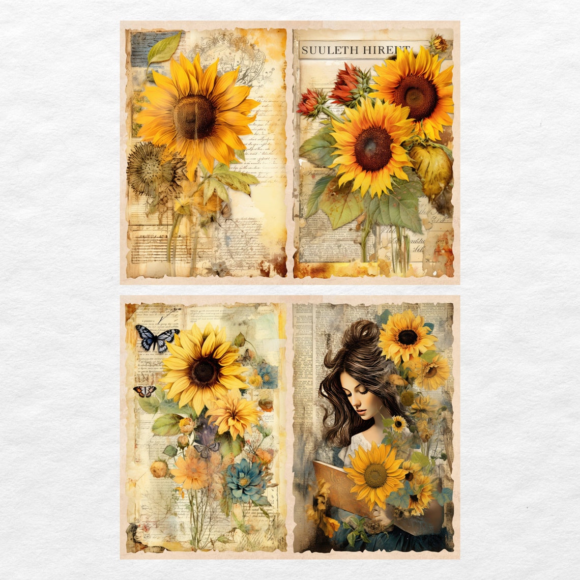 Sunflowers Junk Journal Pages, Vintage Sunflowers Junk Journal Kit ...
