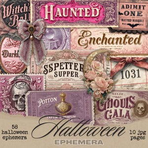 Pink Halloween Ephemera Pack, Vintage Printable Tags, Spooky Junk Journal Kit, Digital Download for Crafting Fun, Word Labels