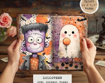 May include: Open journal with Halloween-themed illustrations. One page features a purple Frankenstein's monster, the other a ghost holding a lollipop. The journal is labeled "Halloween Junk Journal Pages, Volume 1" and contains thirty 11 x 5.5 inch pages.