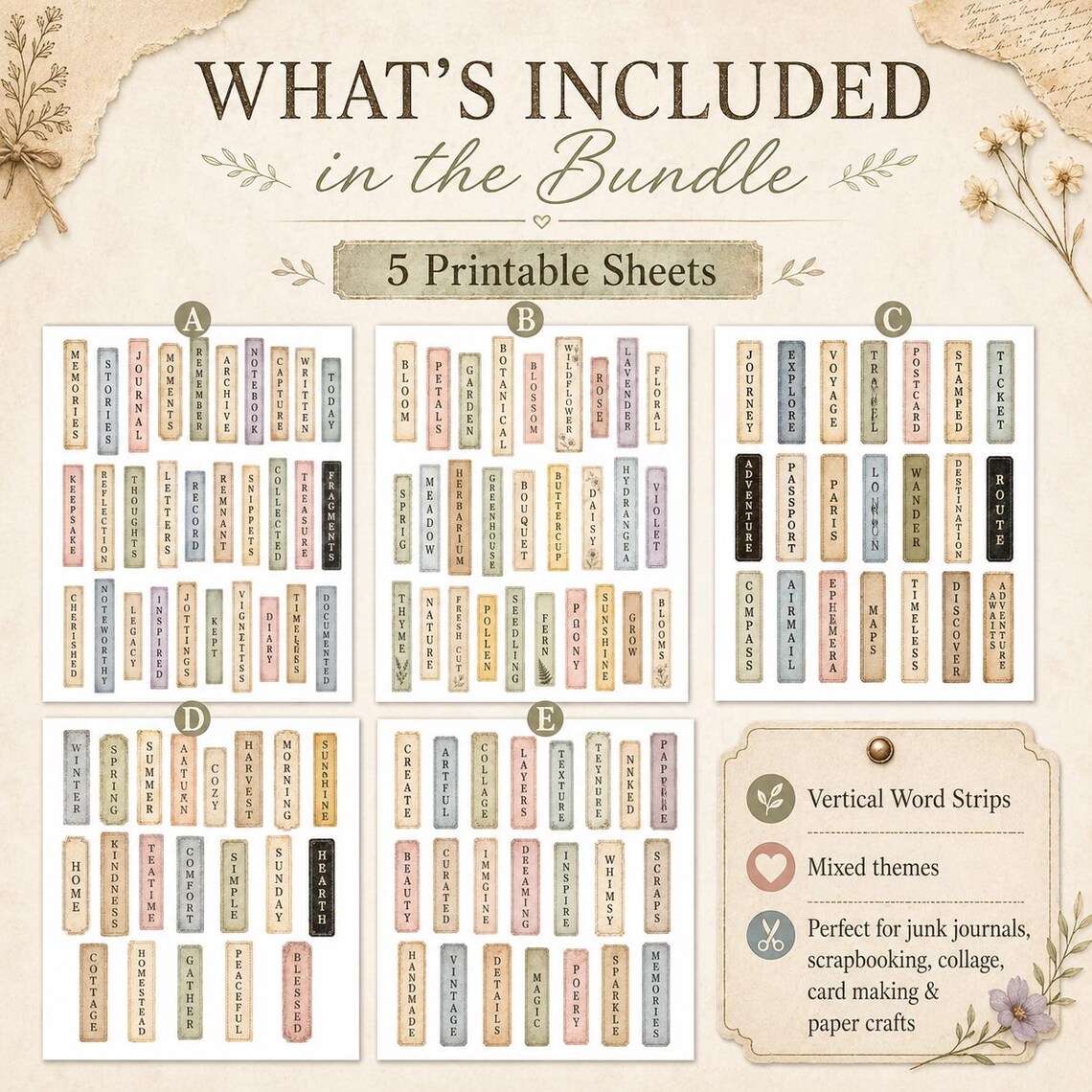 Printable Vertical Labeks Vintage Vertical Word Strips, Printable Junk Journal Ephemera, Word ...