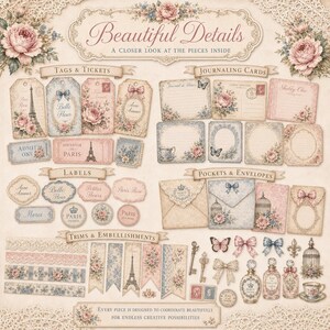 May include: A collection of paper ephemera featuring tags, tickets, journaling cards, labels, envelopes, and embellishments with floral, Eiffel Tower, and vintage motifs. The set includes text elements like Beautiful Details, Tags & Tickets, Journaling Cards, Labels, Pockets & Envelopes, and Trims & Embellishments in a soft color palette.