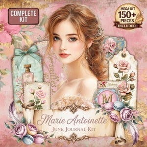 Puede incluir: Un kit de diario digital con temática vintage. La imagen presenta un retrato de mujer, etiquetas decorativas, rosas, macarons y el texto "Marie Antoinette JUNK JOURNAL KIT". Incluye más de 150 piezas.