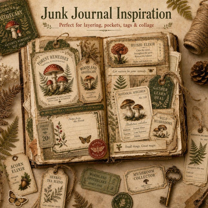 Woodland Apothecary Ephemera Pack, Printable Junk Journal Kit, Mushroom ...